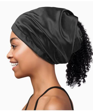 Large Satin Bonnet Sleep Cap for Curly Hair  Frizzy Hair Women and Men Black Medium M-Black