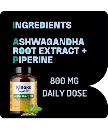 ASHWAGANDHA 800 mg 180 G lules | Extrait 10:1 avec Poivre Noir (Pip rine) | Adaptog ne & Nootropique Naturel pour le Stress le Cortisol et l nergie Mentale Kinoko Life - Buy Online on GoSupps.com