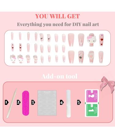 24Pcs Y2K Cute Kawaii French Flame Press on Nails Long Coffin Hot Pink False Nails with 3D Nail Charms - Acrylic Glue On Nails with Cartoon, Heart, Pearl, Bow, Glitter & Rhinestone Designs - Buy Online on GoSupps.com