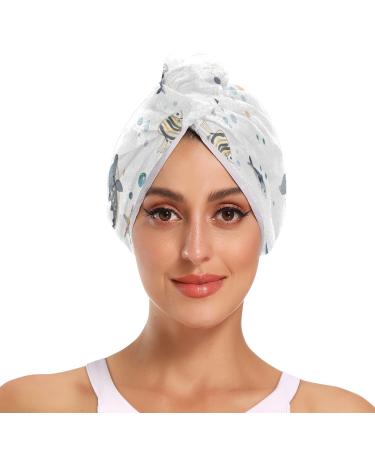 Marine Animal Hair Towel 2 Pack Super Absorbent Hair Drying Towel Quick Dry Hair Turbans Head Towel with Button Twisty Wrap for Women Girls