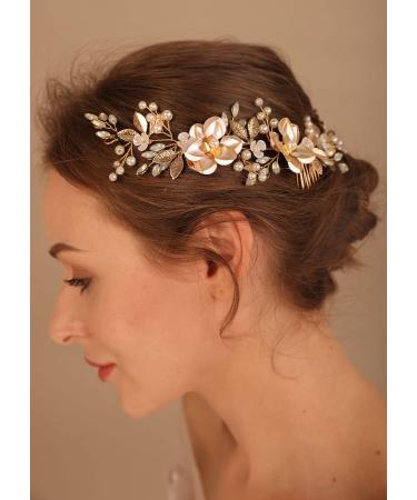 Deniferymakeup Flower Bride Wedding Hair Vine with Combs Gold Leaf Bridal Headband Opal Rhinestones Hair Breath Accessories for Women and Girls