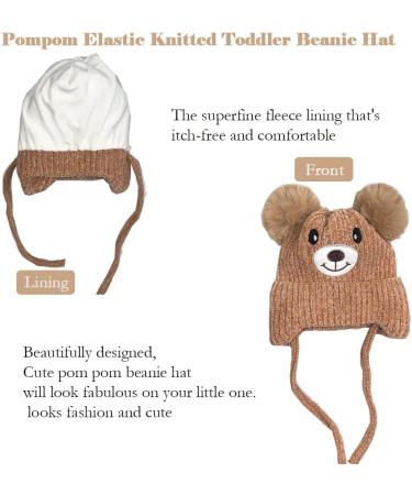 Cute Bear Kids Winter Hat | Ear Flaps, Dual Pom-Pom | Toddler Fleece Lined Earflap Cap - Khaki - Buy Online on GoSupps.com