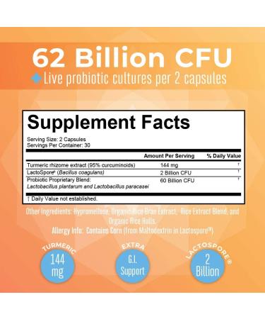 MaryRuth's Probiotic Turmeric + Extra GI - 62 Billion CFU - Organic Turmeric Complex with Probiotics - Digestion Support - Vegan - 60 ct - Buy Online on GoSupps.com