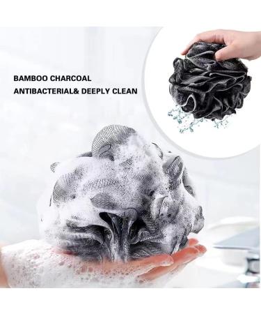 Loofah Charcoal Back Scrubber Set - 1 Long Handle Brush, 1 Large Mesh Pouf, 2 Hooks - Shower Sponge for Men and Women - Buy Online on GoSupps.com