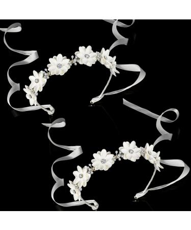 Syhood 2 Pieces Girl Elegant Headband Flower Headpiece White Flower Headband with Ribbon and Rhinestones Cute Bridal Wedding headband for Girl Party Hair Accessories - Buy Online on GoSupps.com