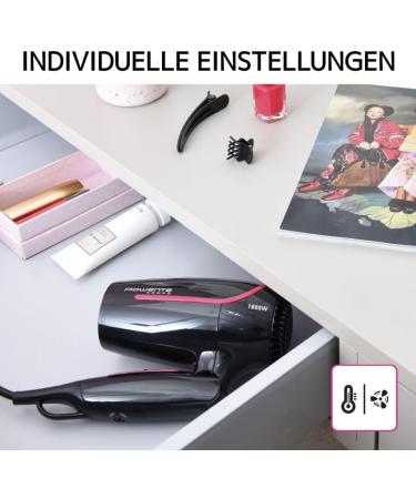 Rowenta CV3323 Nomad Travel Hair Dryer | 1600W Compact & Foldable | Dual-Voltage for Worldwide Use | 2 Heat Settings | Lightweight Design | Black/Pink Trip - Buy Online on GoSupps.com