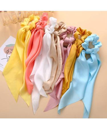 Hair Scarf Scrunchies Hair Ribbon Ties Silky Bowknot Bow Scrunchie Ponytail Holder Long Tails Satin Hair Bands Hair Elastic for Women Girls Pink/White/Blue/Yellow Color (7pcs)