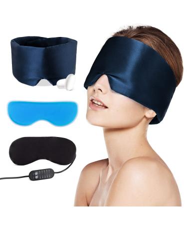 100% Silk Eye Mask 3 in 1 Eye Mask for Sleeping with Heated & Cold Therapy Sleeping Eye Mask with Adjustable Strap for Dry Eyes Dark Circles MGD and Puffy Eyes-Navy Blue