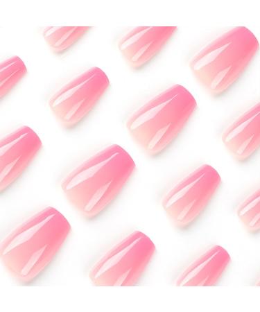 24pcs French False Nails Short - Gradual Change Square Press on Nails - Dark Pink Gradient Design - Full Cover Acrylic False Nails With Glue - French Fake Nails for Women Girls - Buy Online on GoSupps.com