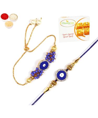 Ghasitaram Gifts Rakhis Online - Rakhi for Brother-KB-7 Bhaiya Bhabhi Rakhi with 200 GMS of Besan Barfi Rakhi Set with 200 gms of Besan Barfi