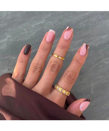 24Pcs Short Press on Nails Square French False Nails Tips Glossy Wave Fake Nails with Design Artificial Full Cover Stick on Nails for Women and Girls Natural Nails Brown Wave