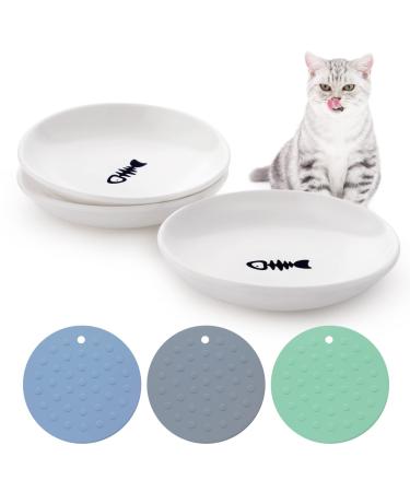 Dorakitten Ceramic Cat Food Plates: Cat Wet Food Bowls Cat Feeding Wide Bowls to Stress Relief of Whisker Fatigue Cat Dishes Shallow Bowls for Kittens and Small Animals with Non-Slip Mat 3 Fish bone