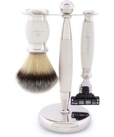 JAG Shaving Razor Set | 4-Piece Ivory Gift Set with Silver Spitzhaar Brush & Shaving Rack | Premium Grooming Essentials for a Smooth Shave - Buy Online on GoSupps.com