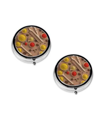 Various Seasoning Print Pattern Printed Mini Round Pill Box Pill Box 3 Compartment Medicine Pill Case Pill Organizer Travel Pillbox Portable Pill Box for Pocket Home Office Use