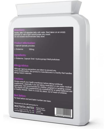 L-Glutamine 500mg Capsules - 90 Count | Pure Amino Acid Supplement | Vegan & Vegetarian Friendly | Made in UK - Buy Online on GoSupps.com