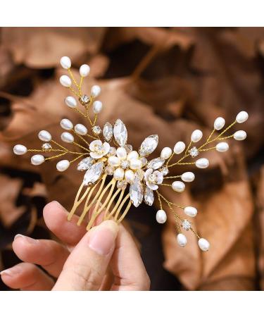 IYOU Bridal Wedding Hair Combs Gold Pearl Bride Hair Pieces Crystal Headpiece Prom Communion Hair Accessories for Women