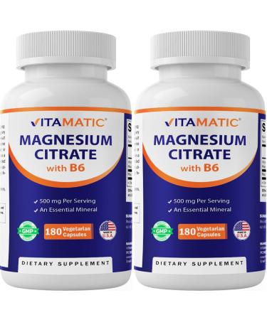 Vitamatic 2 Pack- Magnesium Citrate 500mg per Serving - 180 Vegetarian Capsules (Provides 150 mg of Elemental Magnesium) - Added B6 for Maximum Absorption - Supports Muscle, Joint, and Heart Health*