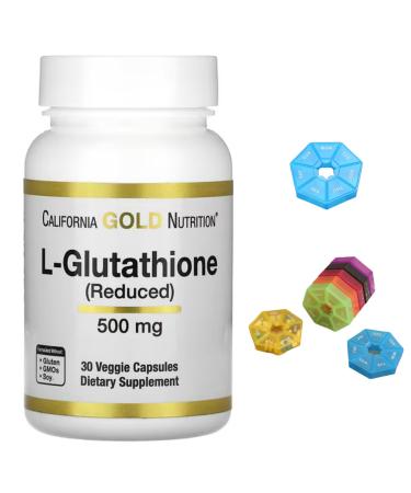 L-Glutathione (Reduced) Compatible With California Gold Nutrition 500 mg 30 Veggie Capsules + Bonus Pill Organizer Weekly Pill Organizer Mini