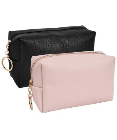 2 pieces PU travel make-up storage bag cosmetic bag travel-storage bag cultural bag small waterproof light make-up pocket organizer for women men and children pink+black