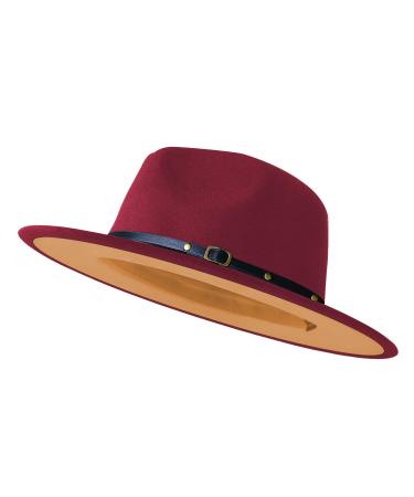 Wide Brim Fedora Hats for Women Men Two Tone Dress Hat Felt Panama Hat in Two Audlt Size Wine&tan Large-X-Large