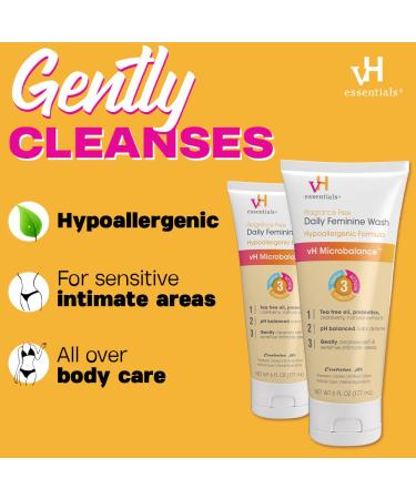 vH Essentials Daily Feminine Wash - Fragrance Free Hypoallergenic with Tea Tree Oil & Prebiotic - pH Balanced Intimate Care - 6 Fl Oz (Pack of 2) - Best for Vaginal Health & Odor Control - Buy Online on GoSupps.com