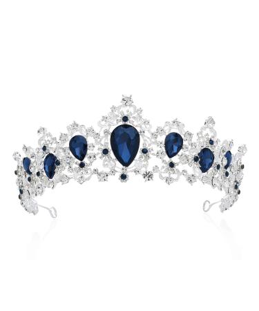 SWEETV Royal CZ Crystal Tiara for Women  Blue Wedding Crown for Brides  Princess Headpieces Bridal Hair Accessories for Birthday Party Pageant  Sapphire+Silver Eleanor