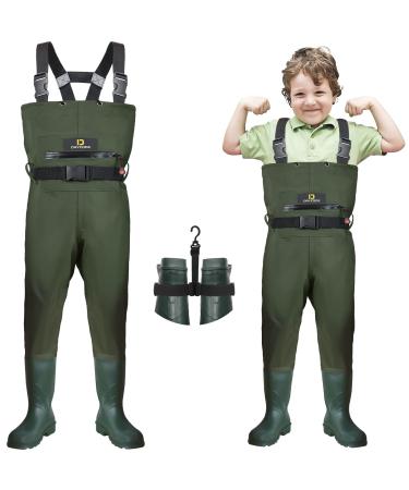 DRYCODE Kids Waders with Boots, Waterproof Youth Waders for Toddler & Children, Nylon/PVC Chest Wader for Fishing/Hunting 10/11 Army Green