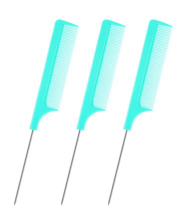 3 Pcs Rat Tail Combs Salon Hairdressing Comb with Stainless Steel Handle Fine Tooth Combs for Women Barber (Lake Green)