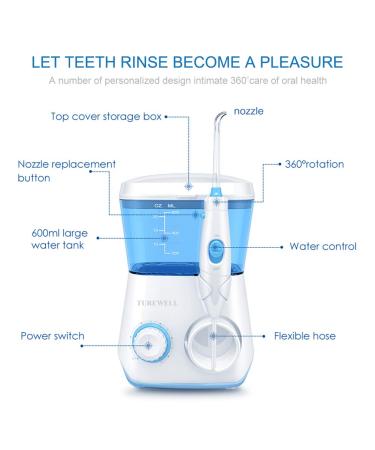 TUREWELL Water Flosser Oral Irrigator 600ML - 10 Pressure Settings, Electric Dental Flosser for Teeth & Braces - 8 Jet Tips Included (White) - Buy Online on GoSupps.com