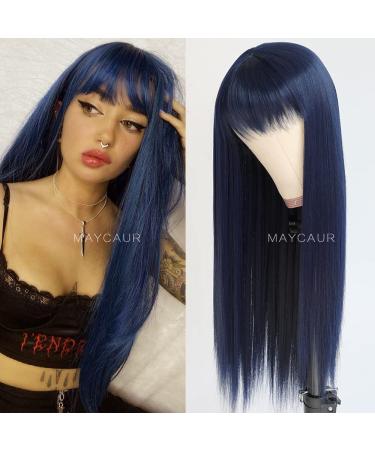 Maycaur Blue Synthetic Hair Wigs with Full Bangs Long Straight Women's Wig Heat Resistant Synthetic No Lace Wigs for Fashion Women Dark Blue