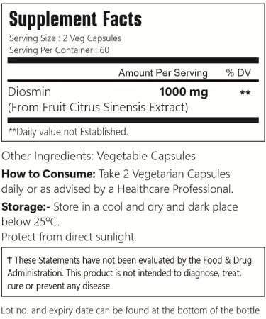 VitaCosmoX Diosmin Capsules 120 Count 1000 mg Serving Vegan Citrus Bioflavonoids 100% Vegetarian Non-GMO & Gluten Free Diosmin Supplement with Max Strength - Buy Online on GoSupps.com