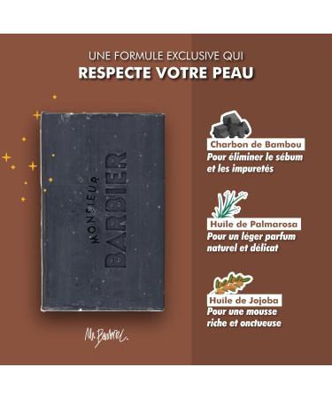 Monsieur BARBIER Charcoal Handmade Solid Soap | Face & Skin | French natural and vegan | Purifies and detoxifies the skin | Based on activated bamboo charcoal Jojoba and Palmarosa | 100g - Buy Online on GoSupps.com