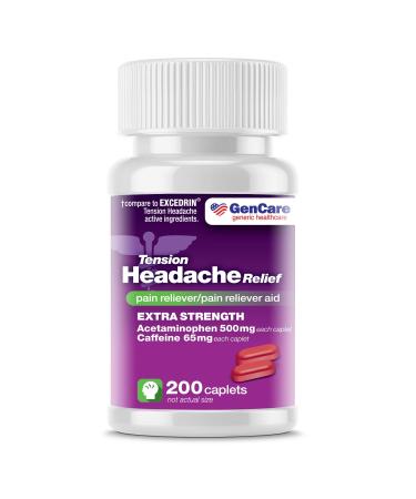 GenCare - Tension Headache Relief Pain Reliever with Acetaminophen 500 mg and Caffeine 65 mg (200 Caplets) Value Pack | Extra Strength for Head and Body Aches | Generic Excedrin Tension Headache