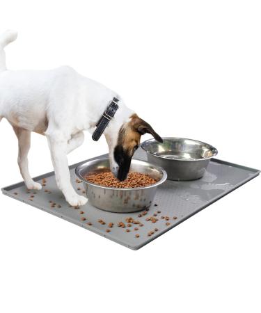 Mofason Pet Food Mat Waterproof Dog Mat XL (24x16) or L (20"x13")  0.5 inch Raised Edge, Dog Cat Silicone Feeding Placemat Water Bowl Tray for Floors, Nonslip Washable Dog Mat for Food and Water Large - 24 x 16 inches Grey