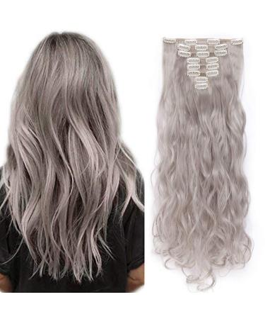 SEGO Clip in Extensions Hair Extension Hairpiece 8 Wefts like Real Hair Wavy Light Grey 24"(61cm)