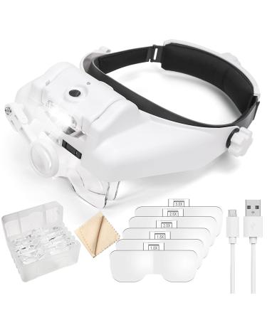Dilzekui Head Mount Magnifier with LED Light, Rechargeable Headband Magnifier, Head-Mounted Magnifying Glass with 6 Detachable Lens, Handsfree Magnifying Glasses for Jewelers Loupe, Crafts, Repair 1x-14x Head Mount Magnifier