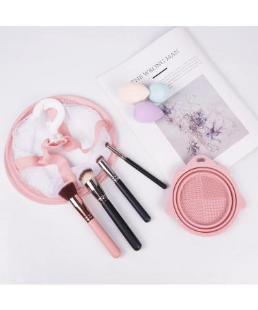 Makeup Brush Cleaning Mat & Hanging Drying Net Set - Pink | Silicone Cleaner Bowl with Mesh Rack | Dry Sponge, Powder Puff & Brushes - Buy Online on GoSupps.com