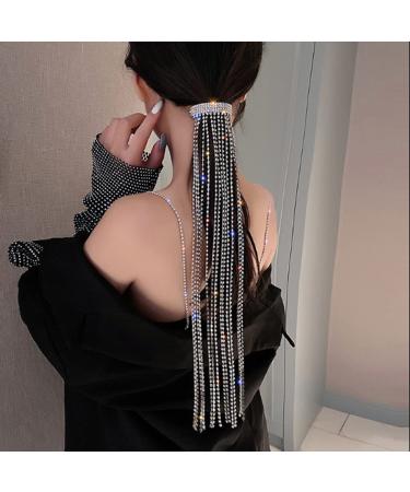 wekicici Wekicici Rhinestones Long Chain Tassel Hairwear Bling Bling Crystal Hair Shiny Hairpin Ponytail Hair Accessories for Women and Girls  silver