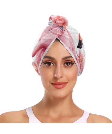 Pink Flamingo Flowers3 Hair Towel 2 Pack Super Absorbent Hair Drying Towel Quick Dry Hair Turbans Head Towel with Button Twisty Wrap for Women Girls