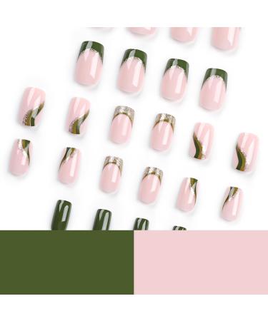 Mouyou Glow Press On Nails - Short Square Nude Dark Green French Gold Glitter Art with Nail Glue | Fashionable Fake Nails for Stunning Designs - Buy Online on GoSupps.com
