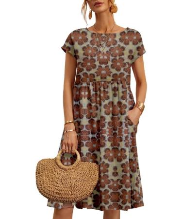 Women's Summer Cotton Linen Floral Printed Short Sleeve Dress Crew Neck Loose Casual Beach Dresses with Pockets 04 Medium - Buy Online on GoSupps.com