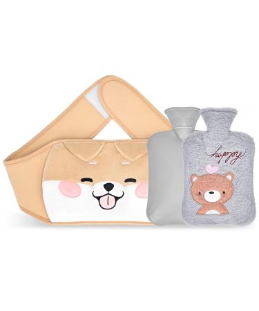 Wearable Hot Water Bottle Warm PVC Hot Water Bottle Pouch with Soft Plush Hand Waist Warmer Cover 02-1000ml Yellow dog