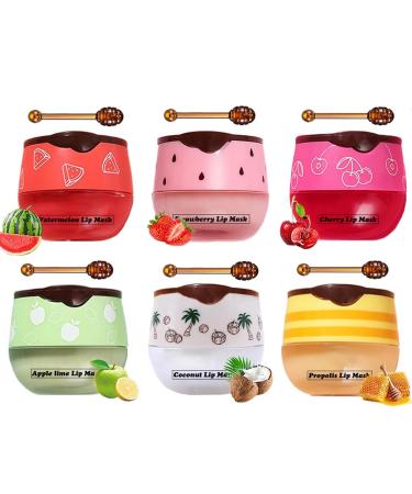 6 PCS Honey Lip Balm Vitamin E Propolis & Strawberry & Watermelon & Apple Lime & Coconut & Cherry Lip Sleeping Mask Moisturizing Lip Balm with Stick Hydrating Prevention Dry & Cracked Lip Care 6 Flavors