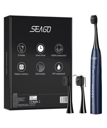 SEAGO Electric Toothbrush with 42 000 VPM Motor  5 Modes  2 Duponts Brush Heads  4 Hours Fast Charge for 30 Days Use  Power Whitening Rechargeble Sonic Toothbrushes for Adults & Kids HP126A (Blue)