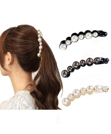 3 pieces of pearl banana clips artificial pearls rhinestones hair clip ponytail holder banana hair clips French hair clips hair accessories for women and girls thick fine hair - Buy Online on GoSupps.com