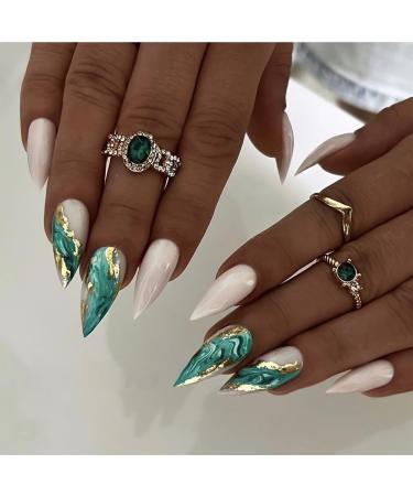 Mouyouglow Press on Nails Mittellang Almond white green smuded gold leaf fake nails with nail glue almond green artificial fingernails L3