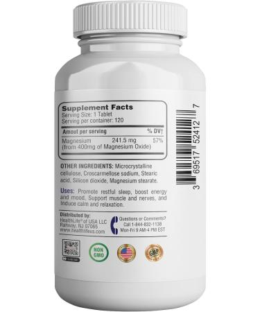 Magnesium 400mg High Potency Supplement Magnesium Oxide for Immune Support, Muscle Recovery, Leg Cramps and Relaxation 120 Tablets-USA Made 120 Count (Pack of 1) - Buy Online on GoSupps.com
