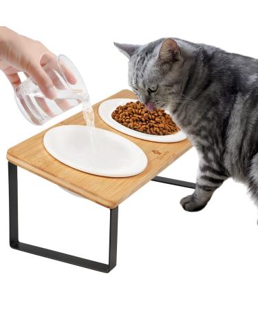 Elevated Cat Bowls, Raised Ceramic Cats Puppy Dishes for Food and Water, Tilted Bamboo Stand for Anti Vomiting, Indoor 5.5 inch Wide Dish for Whisker Friendly Iron Stand Bowl 5.5in