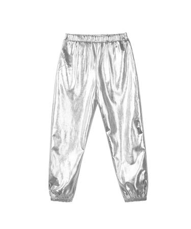 CHICTRY Kids Girls Shiny Metallic Jazz Dance Pant Hip Hop Sport Leggings Sweatpant Dancewear Costume Silver 10 Years