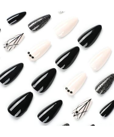 Justotry 24 Pcs Striped Stiletto False Nails Short - Trendy Almond Glitter Fake Nails with Nail Glue for Women - Black French Press on Nails - Nail Art - Buy Online on GoSupps.com